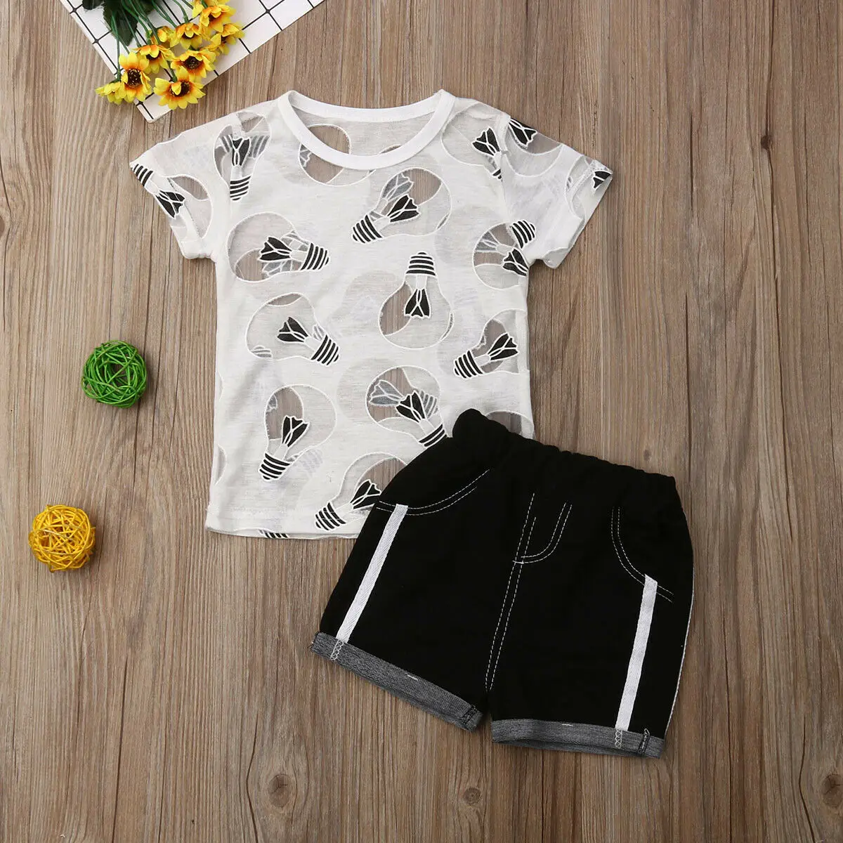 

2PCS Toddler Baby Boy Outfit Clothes Cotton Lace See Through Hole Bulb Tops Short Pants Summer Clothes Setset