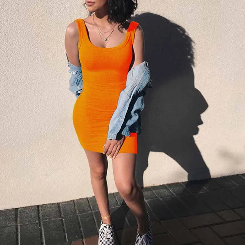 

NORMOV 2019 Women Casual Summer Dress Skinny Sleeveless Sexy Party Pencil Female Solid Color O-Neck Knee-Length Dress