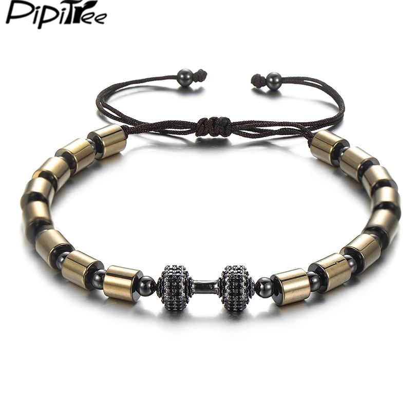 

Pipitree 2019 Trendy Black CZ Dumbbell Charm Bracelet for Men Braiding Beads Men Bracelets & Bangles Jewelry Pulseira hombres
