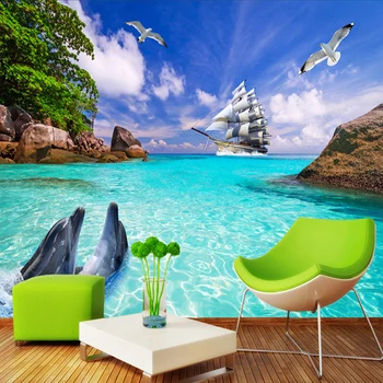 

Custom Photo Wallpaper Murals 3D Dolphin Sailboat Sea View Non-woven Fabric Large Mural Wallpaper Living Room Wall Decoration