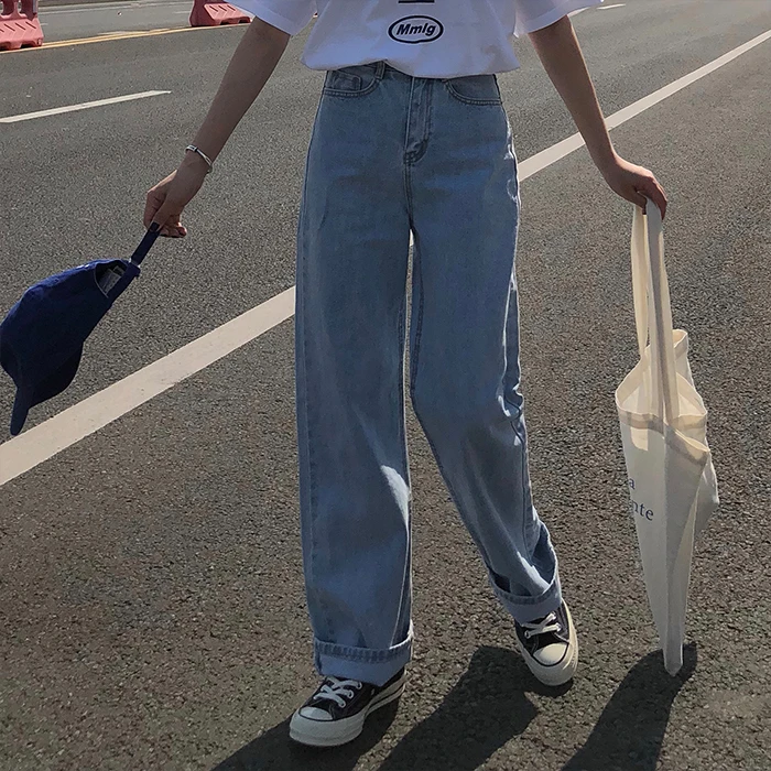 S-L spring korean style High Waist jeans Lady Casual straight denim light blue jeans womens mom jeans womans (X966)
