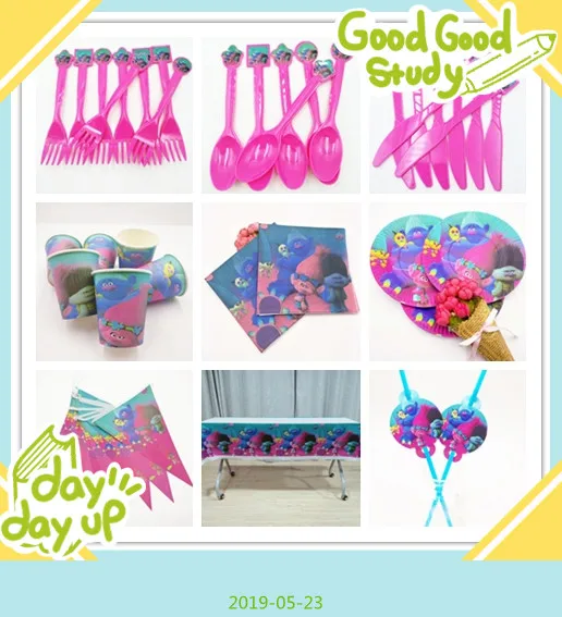 

10people Trolls Birthday Party Decoration Tableware Cup Plates Tablecloth Straw Fork Napkin Kids Party Supplies Boy