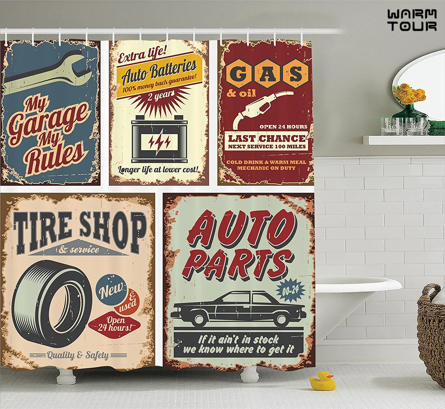 WARM TOUR Vintage Car Metal Advertising Vehicle Garage Image, Polyester Fabric Bathroom Shower