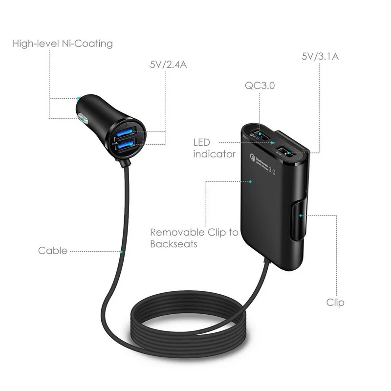 

QC 3.0 vehicle charger Backseat charger Four-port charger Charging of 4USB5V9V12V Mobile Phone On-board charger with wire