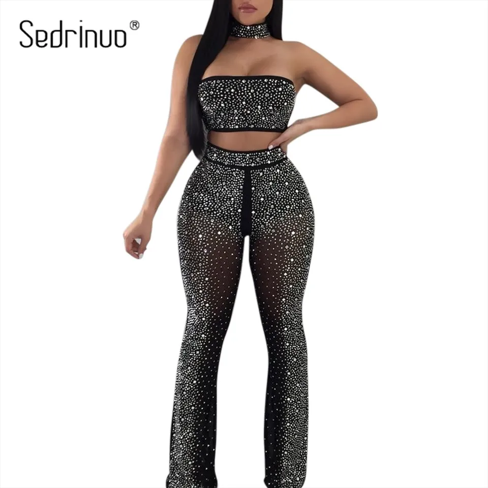 Sedrinuo Fashion Sexy 2 Pieces Set Strapless Choker Rompers Jumpsuit Rhinestone Skinny Bodycon Crop Tops & Loose Pants Jumpsuits Jumpsuits and Playsuits