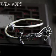 Fyla Mode 925 Sterling Silver Retro Lotus & Lotus Leaves Adjustable Bangle Heavy Antique Thai Silver Bracelet 3.50mm 35.80G