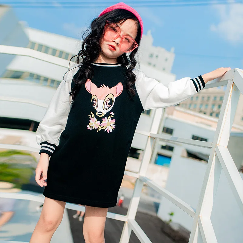 

New Cotton Teenager Girls Sweatshirts Winter Spring Cartoon Deer Black Children hoodies Long Sleeves kids T-shirt child clothing