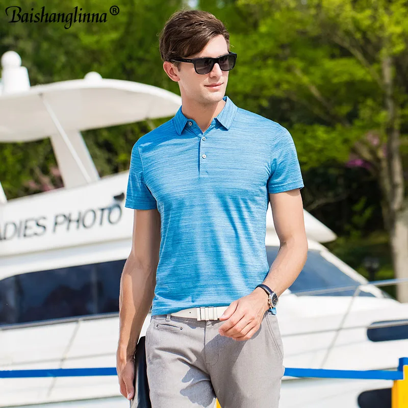 

Baishanglinna Summer Men Silk High Quality Polo Shirt Short Sleeve Solid Color Slim Fit Polo Shirt Men's Casual POLO For Male