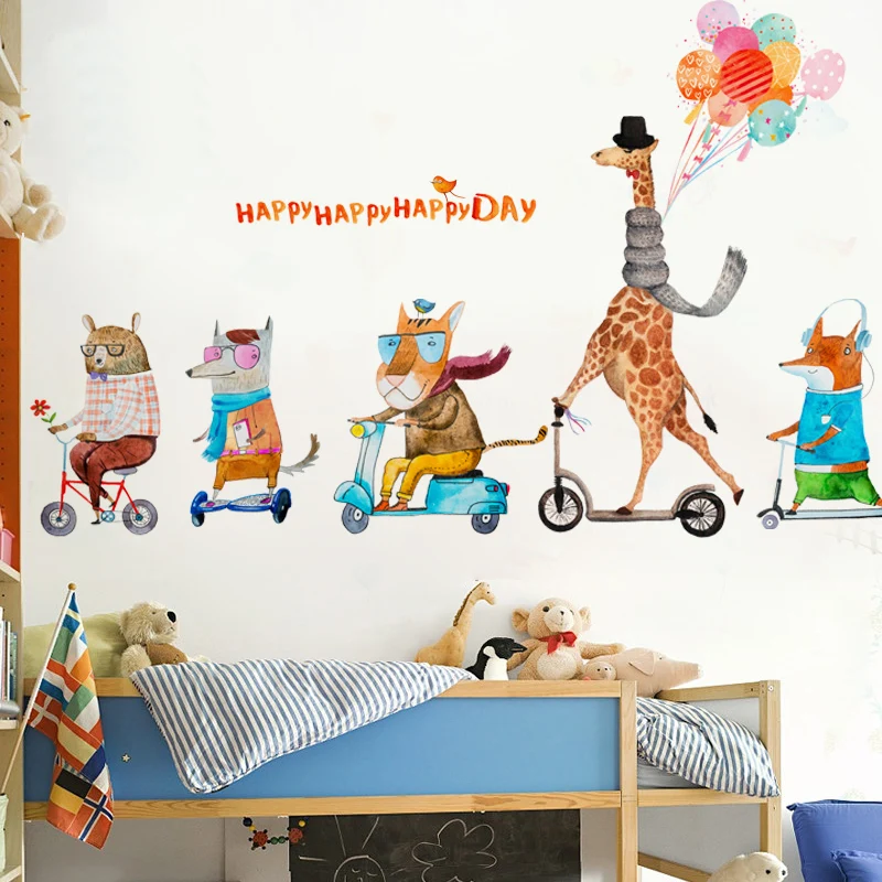 Cartoon Animal Family Giraffe Lion Fox Wall Stickers for Kids Room Wall Decoration Bedroom Children's Bedside Wallpaper