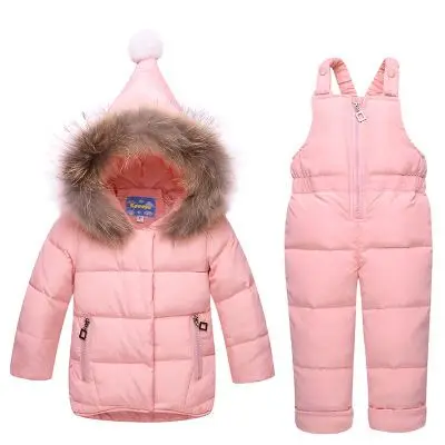 

2019 Spring Winter Warm High quality Children's Clothing Sets Real Fur-30 Degree Russian Winter Boy Girls Down Jackets+pants N16