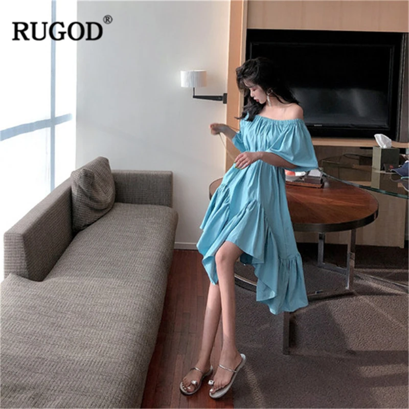 

RUGOD 2019Summer Women Solid Asymmetrical Dress With Sash Slash Neck Flare Sleeve Ruffle Vestidos Temperament Modis платье