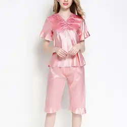 Женские комплекты для сна, пижамный комплект с оборками и рукавами, пижама для девочек, летняя атласная Повседневная Домашняя одежда