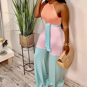 

Summer Hit Color Patchwork Casual Women Loose Jumpsuits Halter Sleeveless Bandage Holiday Club Sexy Overalls Jumpsuits Romper