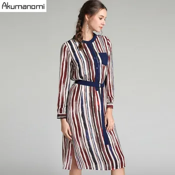 

Autumn Striped Chiffon Dress Women Clothing O-Neck Full Sleeve Patch Pocket Sashes Spring Dress Plus Size 5xl 4xl 3xl 2xl Xl L M