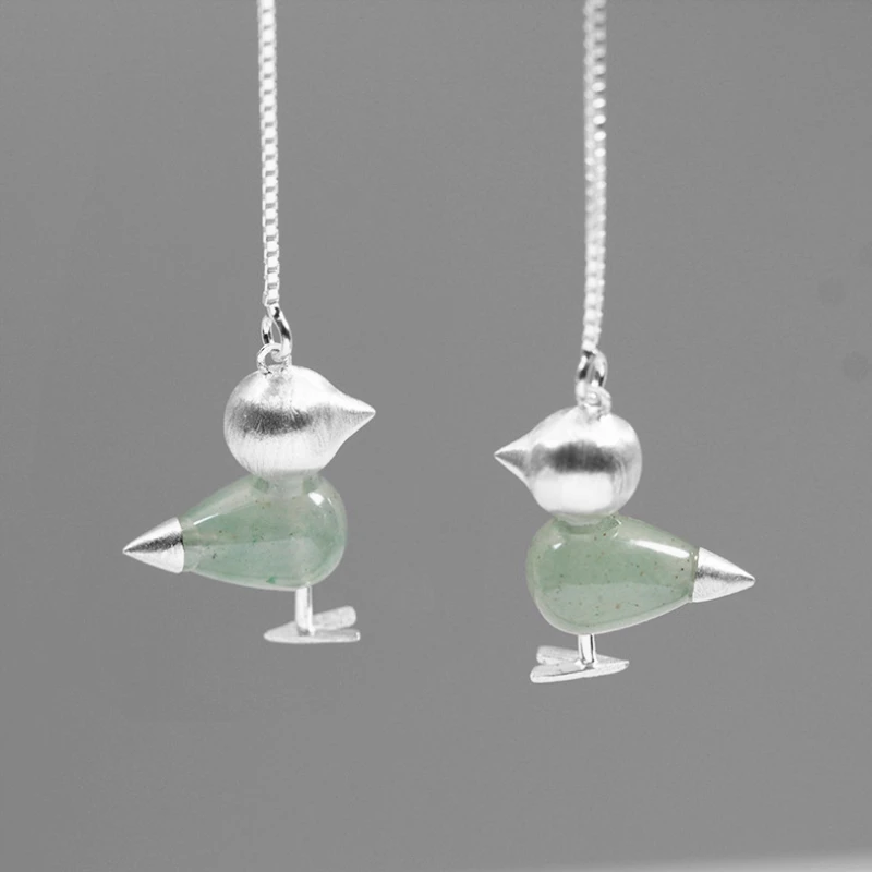 

INATURE 925 Sterling Silver Green Aventurine Lovely Bird Long Drop Earrings For Women Chain Tassel Jewelry