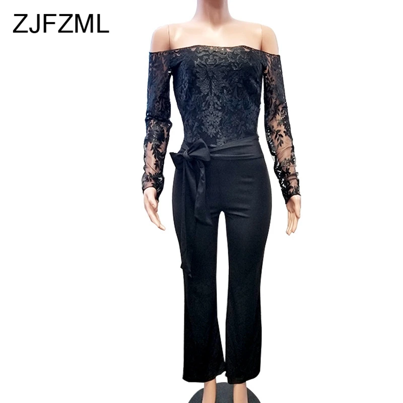 ZJFZML Long Sleeve Off Shoulder Lace Patchwork Sexy Jumpsuits with Belt Autumn Bodycon Romper Women Club Causal Long Overalls 