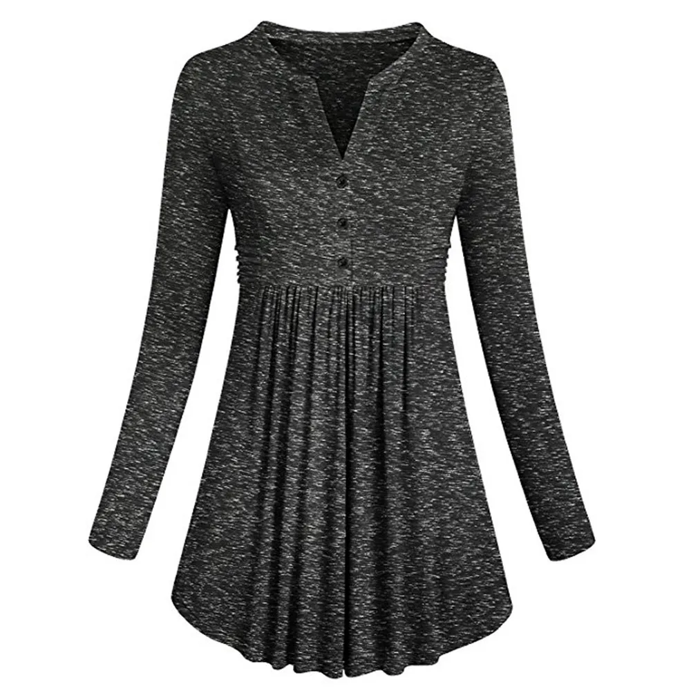 2017 Nuevo invierno mujeres manga larga mandarín Collar camisa camisetas botón plisada Flare Hem túnica más tamaño Tops camiseta mujer