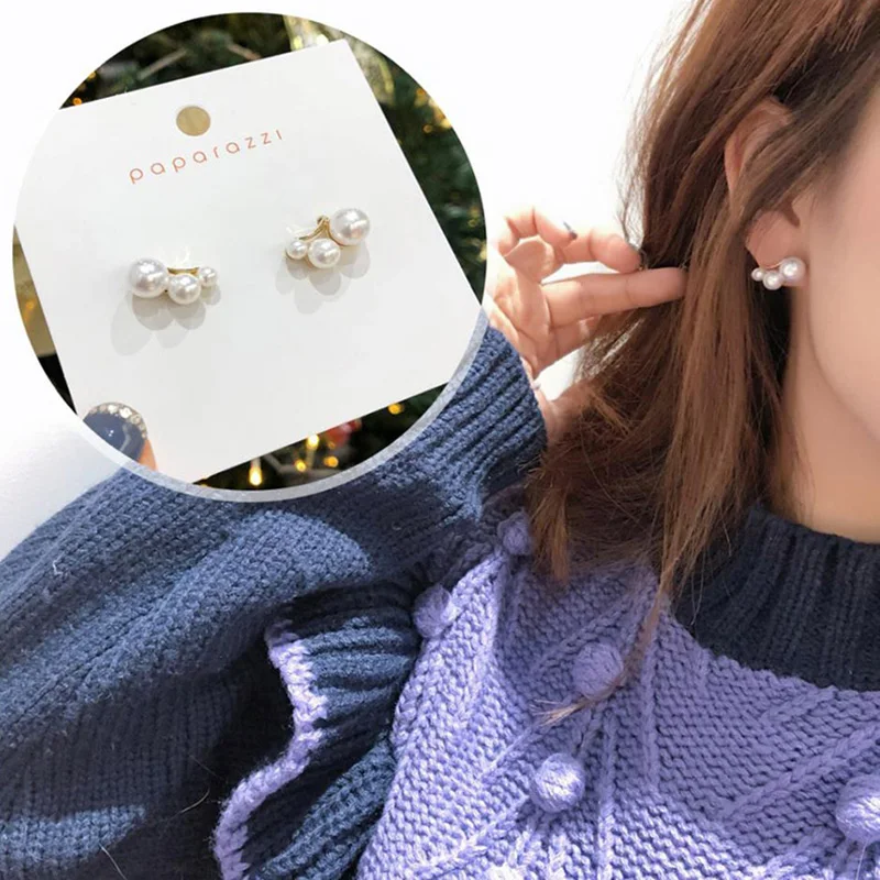 

MENGJIQIAO 2019 Korean New Trendy Simulated Pearl Small Stud Earrings For Women Fashion Arc Shape Elegant Boucle D'oreille Gifts