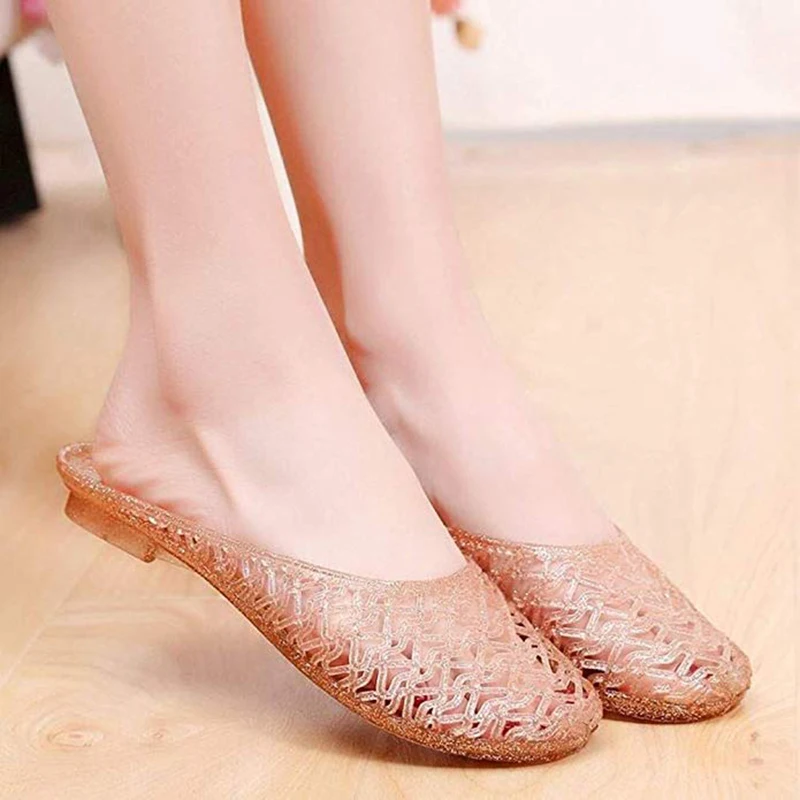 

Women Sandals Summer Fashion Transparent Breathable Hollow Out Bird Nest Crystal Flat Women Jelly Sandals Casual Round Toe Mules