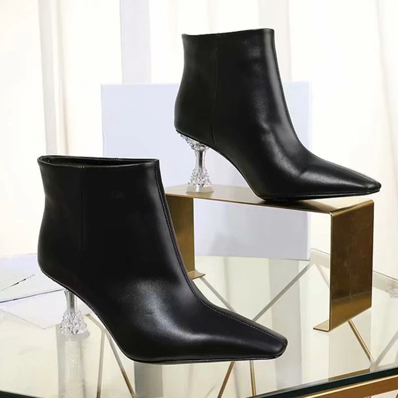 

Luxury Design Women Ankle Boots Genuine Leather Crystal Strange Style Heels Pumps Runway Motorcycle boots Women zapatos de mujer
