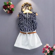 Летний детский костюм футболка без рукавов с цветочным рисунком для девочек, шорты с поясом, костюм Повседневная модная спортивная детская одежда, милая