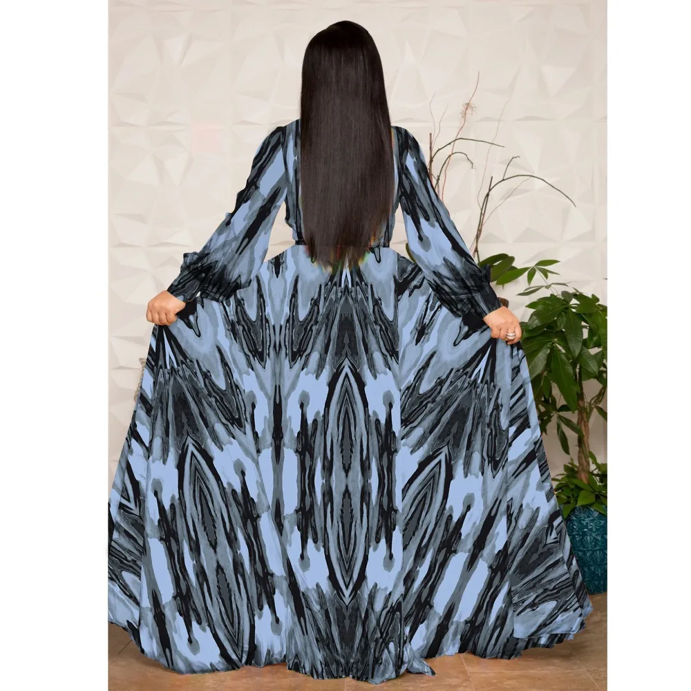 XURU женское длинное платье макси с цветочным принтом, с длинным рукавом, с v-образным вырезом, с поясом, шифоновые платья, повседневное пляжное свободное платье размера плюс S-3XL-5XL