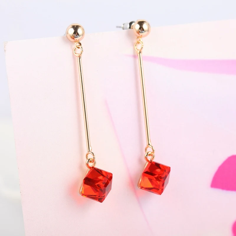 

Fashion Charm Earrings With Stones Multicolor Simple Long Drop Square Cube Crystal Red Blue Jewelry Dangle Earrings Brincos