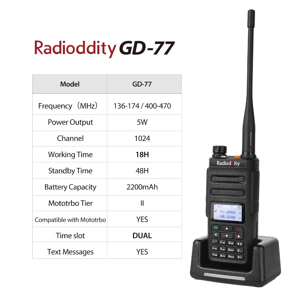 Digital Two Way Radio Radioddity GD-77 Dual Band Dual Time Slot Walkie Talkie Motrobo Tier 1 Tier 2 Transceiver DMR with Cable