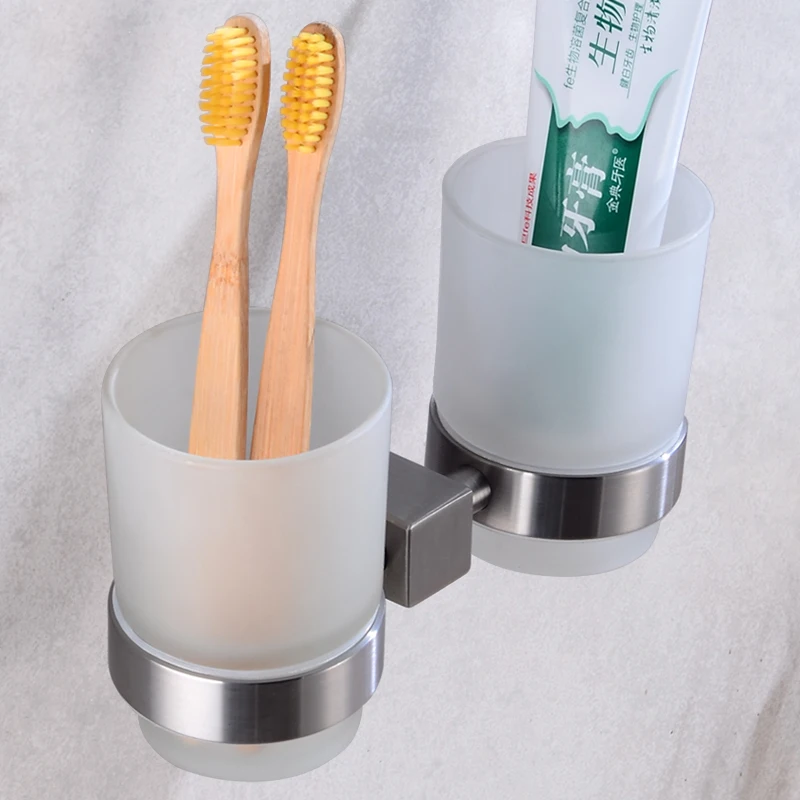 Toothbrush Holder Cup Stainless Steel 2 Glass Cup Tumbler Holders Set Wall Mounted Toothpaste Storage Rack Bathroom Accessories Toothbrush Holder Cup Stainless Steel 2 Glass Cup Tumbler Holders Set Wall Mounted Toothpaste Storage Rack Bathroom Accessories