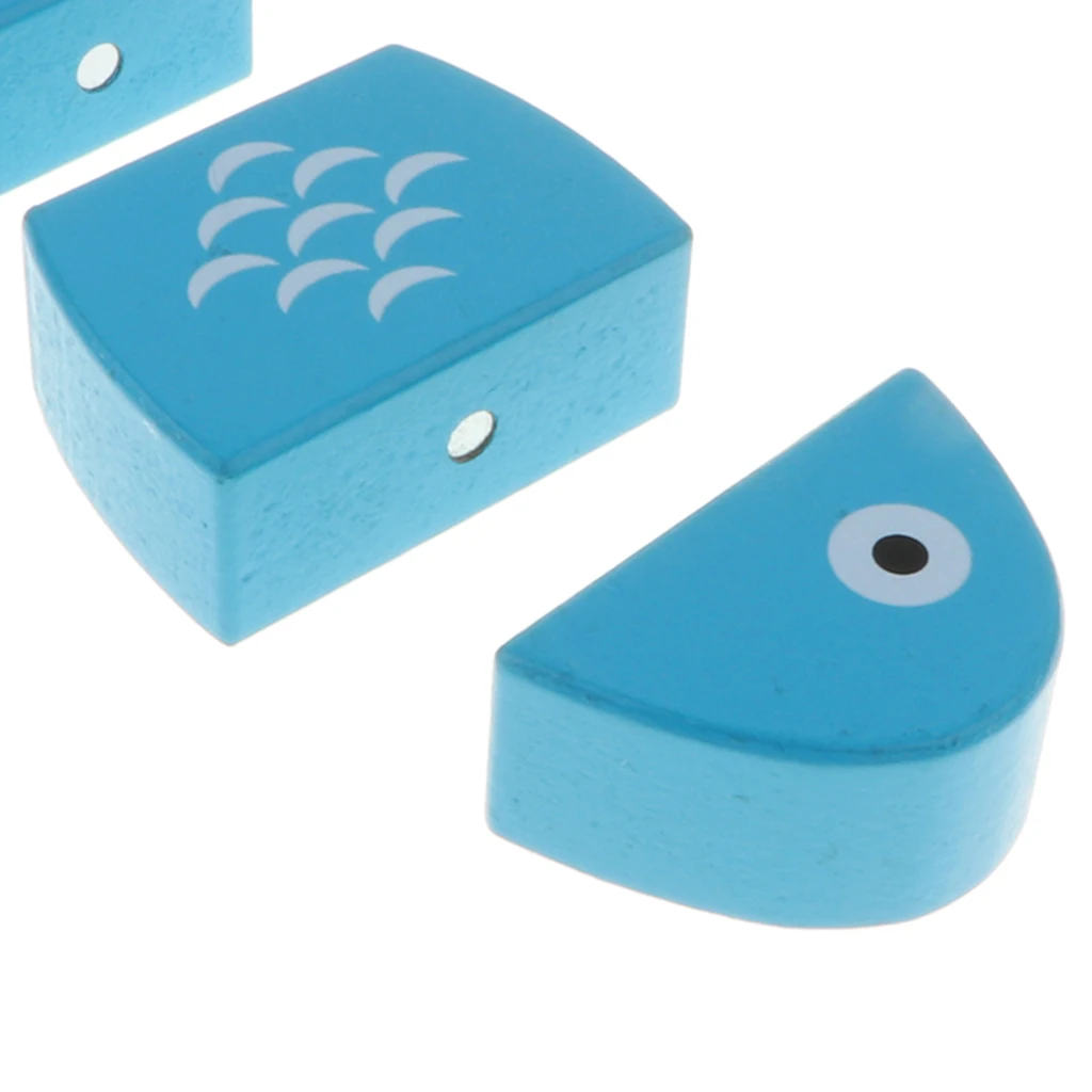 MagiDeal Magnetic Connected Blue Fish Wooden Cutting Food Play Toy Kitchen Pretend Play Set Educational Toy