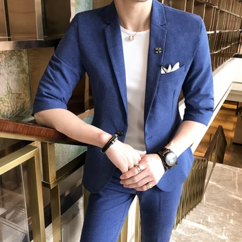 

Blue Mens Suits Designers 2019 Summer Fashion Dress Men Prom Suits Traje Hombre Slim Fit Social Club Mens Suits Casual Smocking