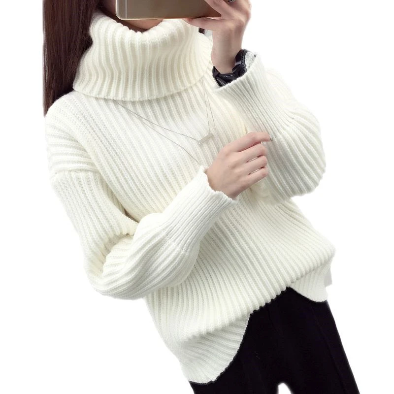 Женский осенне-зимний Однотонный свитер с высоким воротом, свободный плотный ретро свитер, женский теплый повседневный вязаный джемпер и пуловер, E40