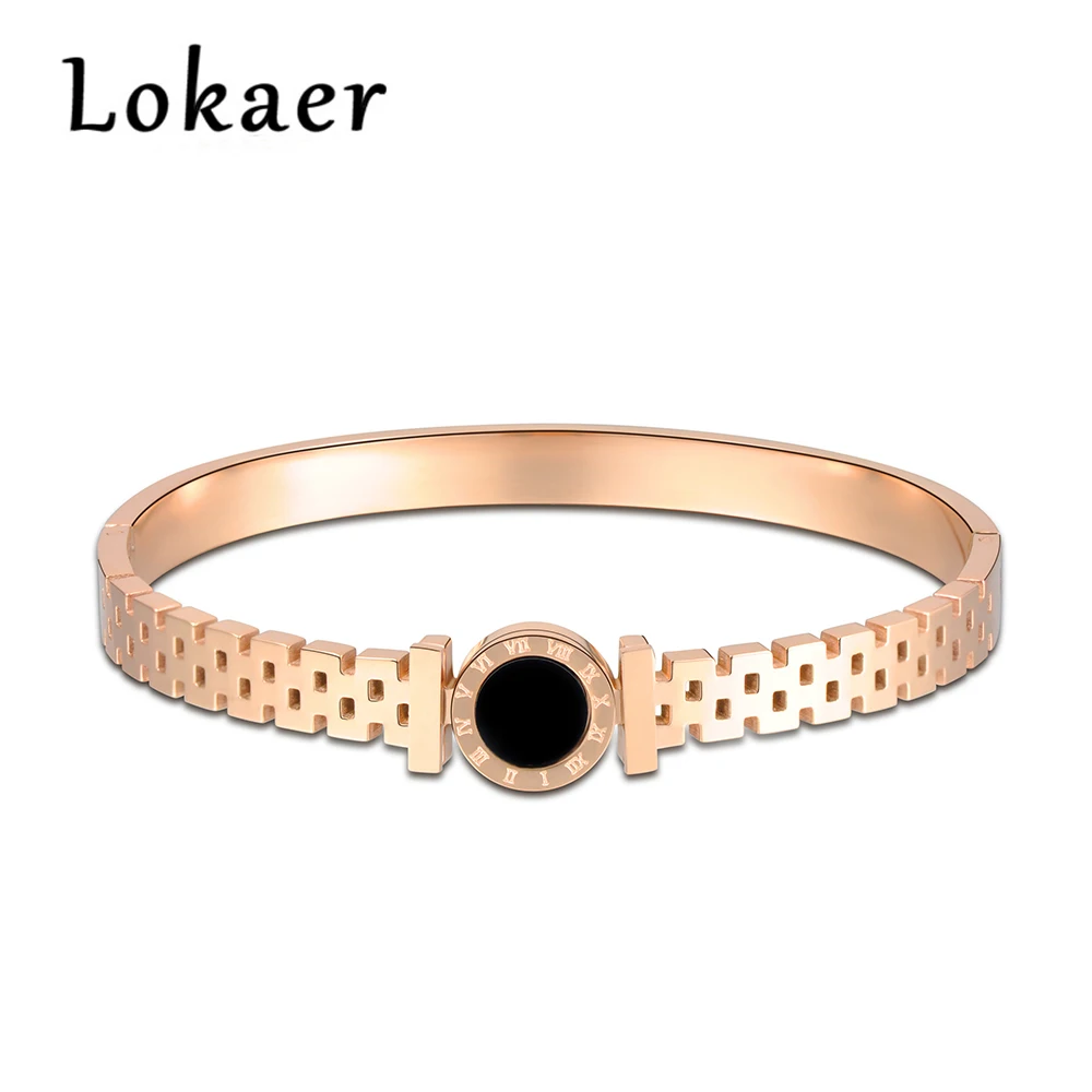 

Lokaer Classic Black Acrylic Roman Letter Titanium Steel Bangles Bracelets Vintage Hollow Women Bangle Jewelry B170100733R
