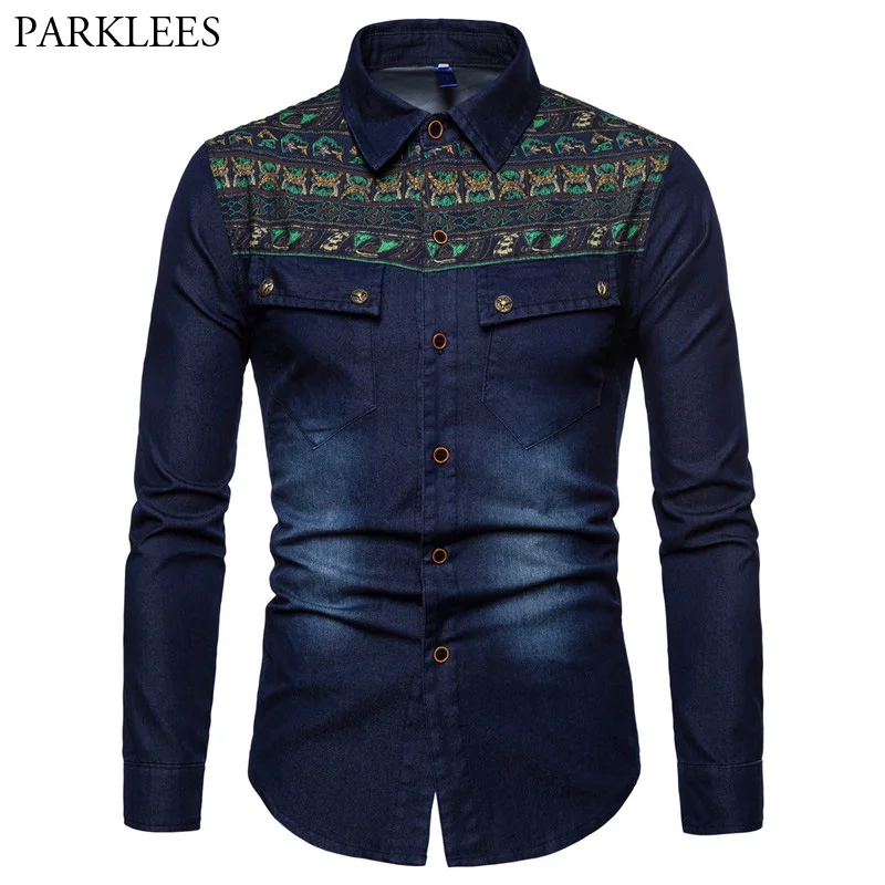 

Fashion Ethnic Print Jeans Shirt Men 2018 Brand New Slim Fit Long Sleeve Social Denim Shirt Men Streetwear Tops Camisa Hombre