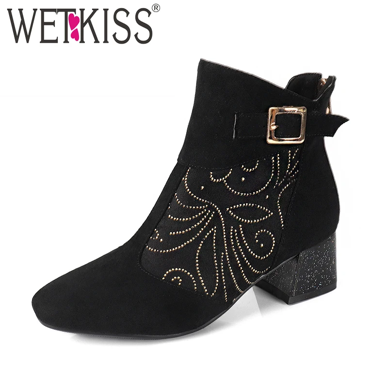 

WETKISS Big Size 32-48 High Heels Ankle Women Boots Autumn Flock Square Toe Bling Boot Female Shoes High Neck 2018 New Footwear