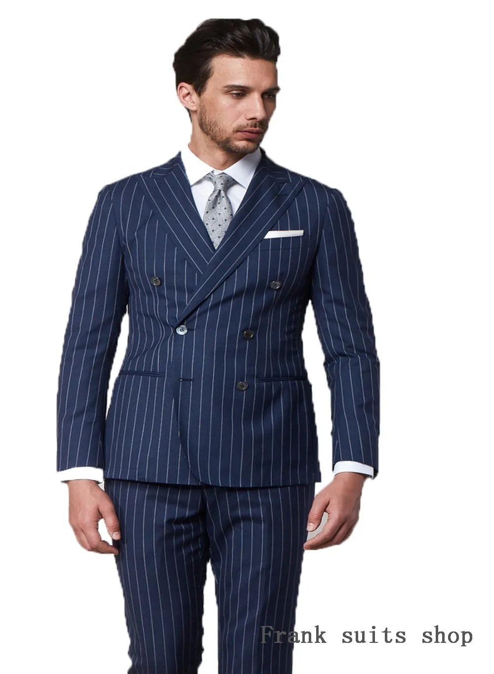 2018 New Custom Made Business Men's Navy Double Breasted Stripe Suits ...