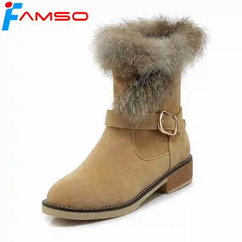 

FAMSO Size 34-43 2019 New Shoes Women Boots Black Yellow Buckle Square heels Riding Boots Real Fur Winter Female Snow Boots