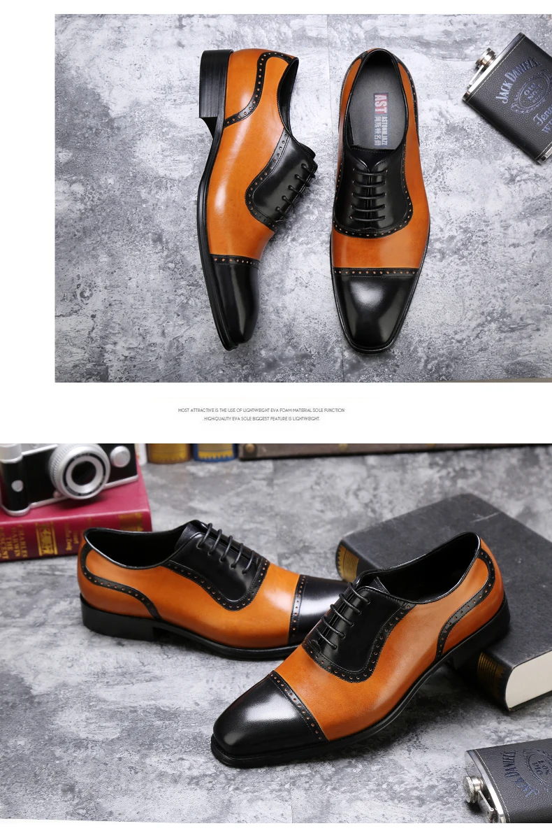 Men's Full Grain Leather Dress Shoes Classical Business Oxfords Shoes Mixed Color Men's Brogue Shoes Moccasin For Men Square Toe (6)