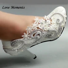 Round Toe White lace Flower shoes women's Pumps Fashion Bridesmaid Dress shoes Bride wedding shoes Big size 34-42 Party shoes white lace flower bride dress shoes pointed toe stiletto middle heel wedding party shoes with ankle strap bridesmaid pumps