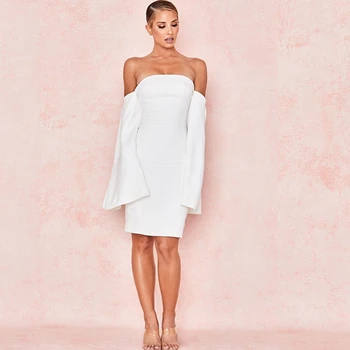 

2019 Fashion Dress White Women Sexy Off The Shoulder Flare Sleeve Summer Elegant Solid Backless Bodycon Celebrity Vestidos Party