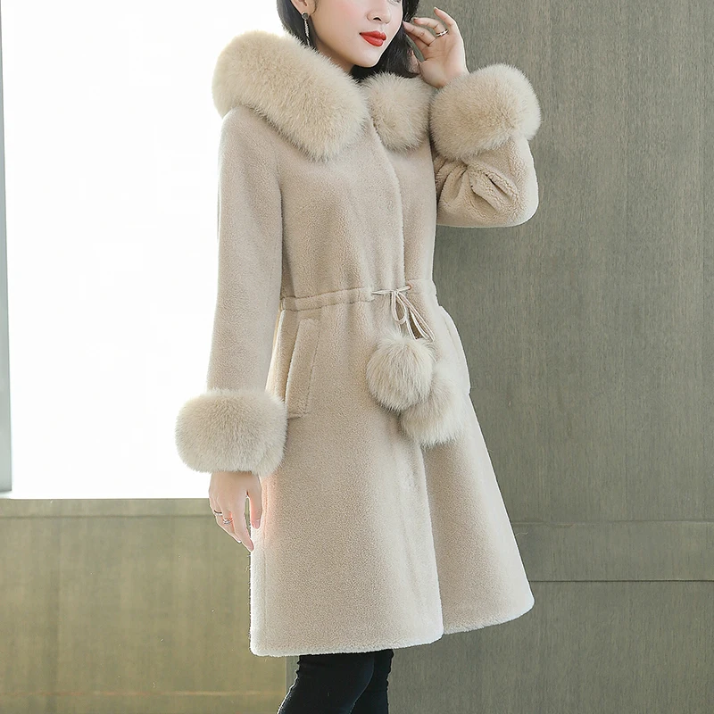 Real Fur Coat Sheep Shearling Fur Winter Jacket Women Fox Fur Collar Long Wool Coats and Jackets Women Suede Lining Jacket Y3381