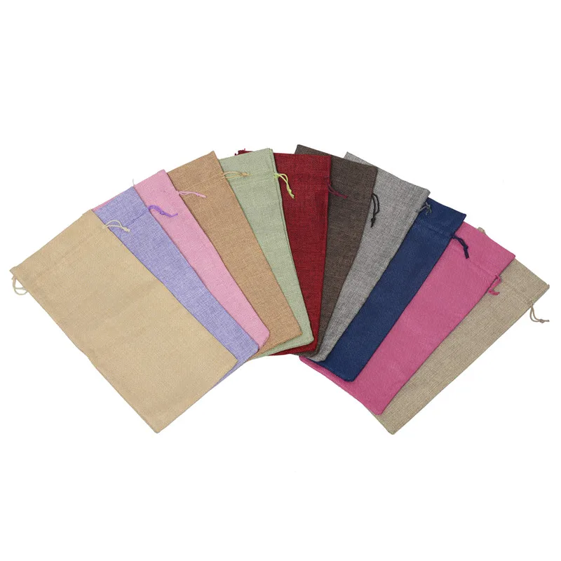 10 pcs 15cmx35cm Jute Wine Bottle Bag Burlap Hessian Gift Bags Packing Drawstring Bag Wine Bottle Covers