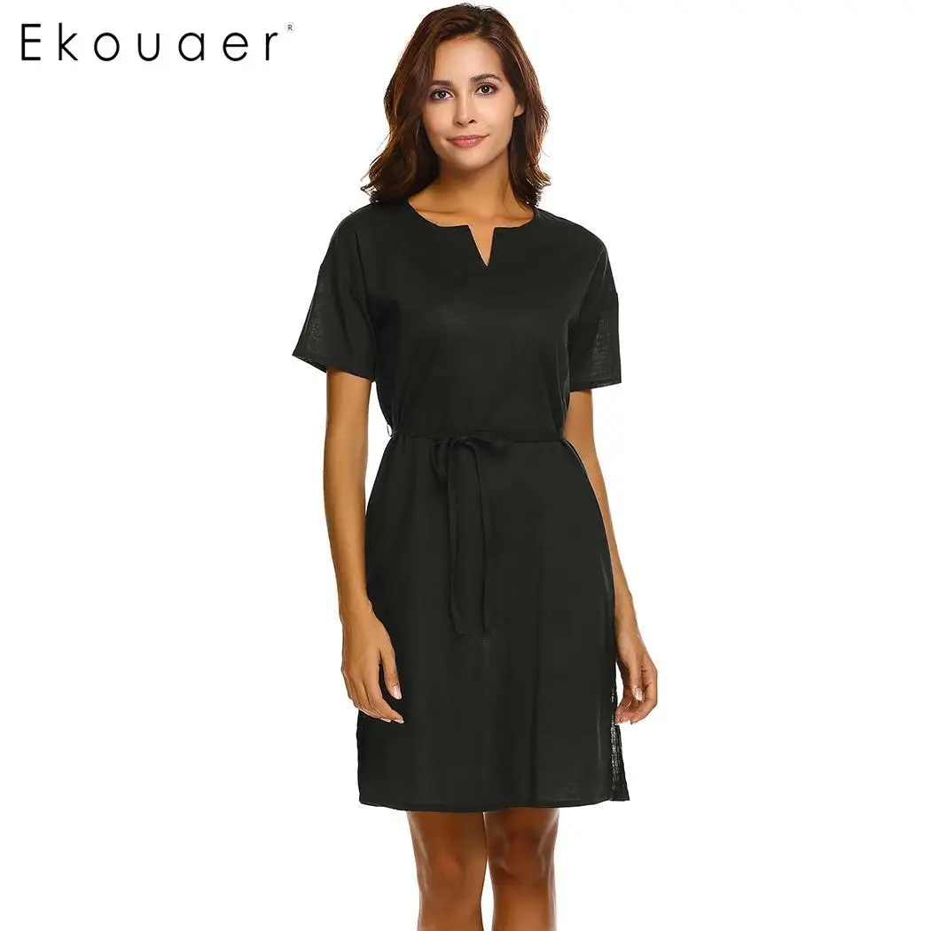 Ekouaer, женская ночная рубашка, сорочка, одежда для сна, свободная, короткий рукав, v-образный вырез, платье для сна, женская ночная рубашка, Женская домашняя одежда, M-XXL - Цвет: White