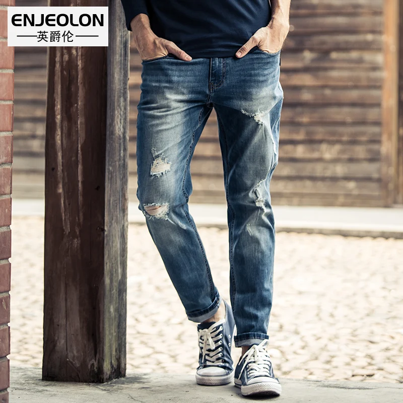 

Enjeolon brand top quality jeans men long full length trousers pants Slim Straight jeans males hole solid Pants NZ026