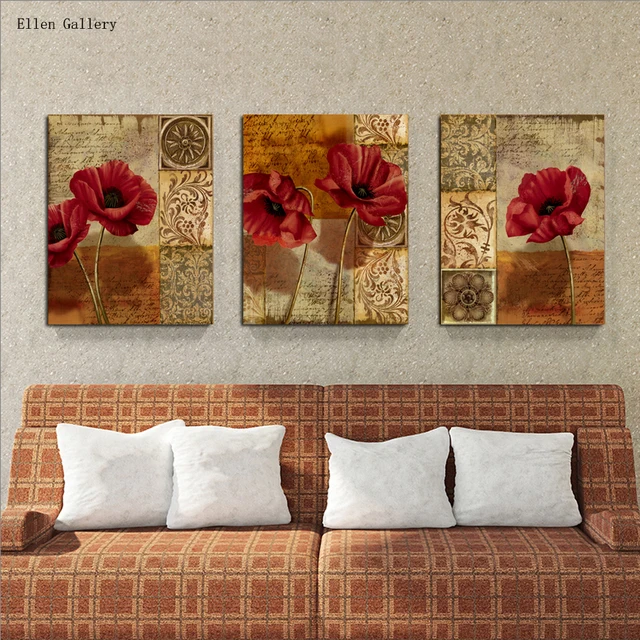 3 pièces rouge fleurs nouvelle toile peinture cuadros décoration peintures mur photos pour salon décor Ã.jpg 640x640.jpg Rouge Salon décor
