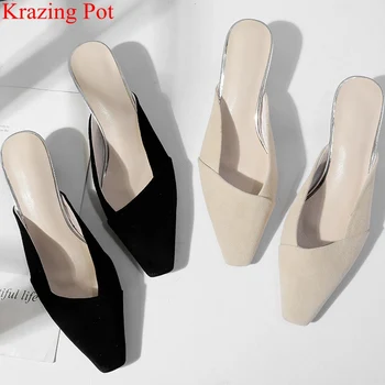 

superstar kid suede square toe med heel women sandals slip on slingback mules vacation solid brand concise summer shoes L84