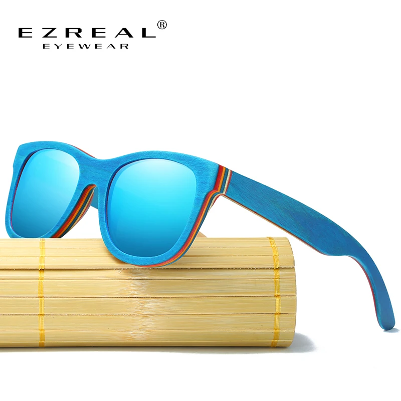 EZREAL Skateboard Dřevěné sluneční brýle Modrý rám s povlakem Zrcadlový bambusové sluneční brýle UV 400 ochranné čočky v dřevěném boxu