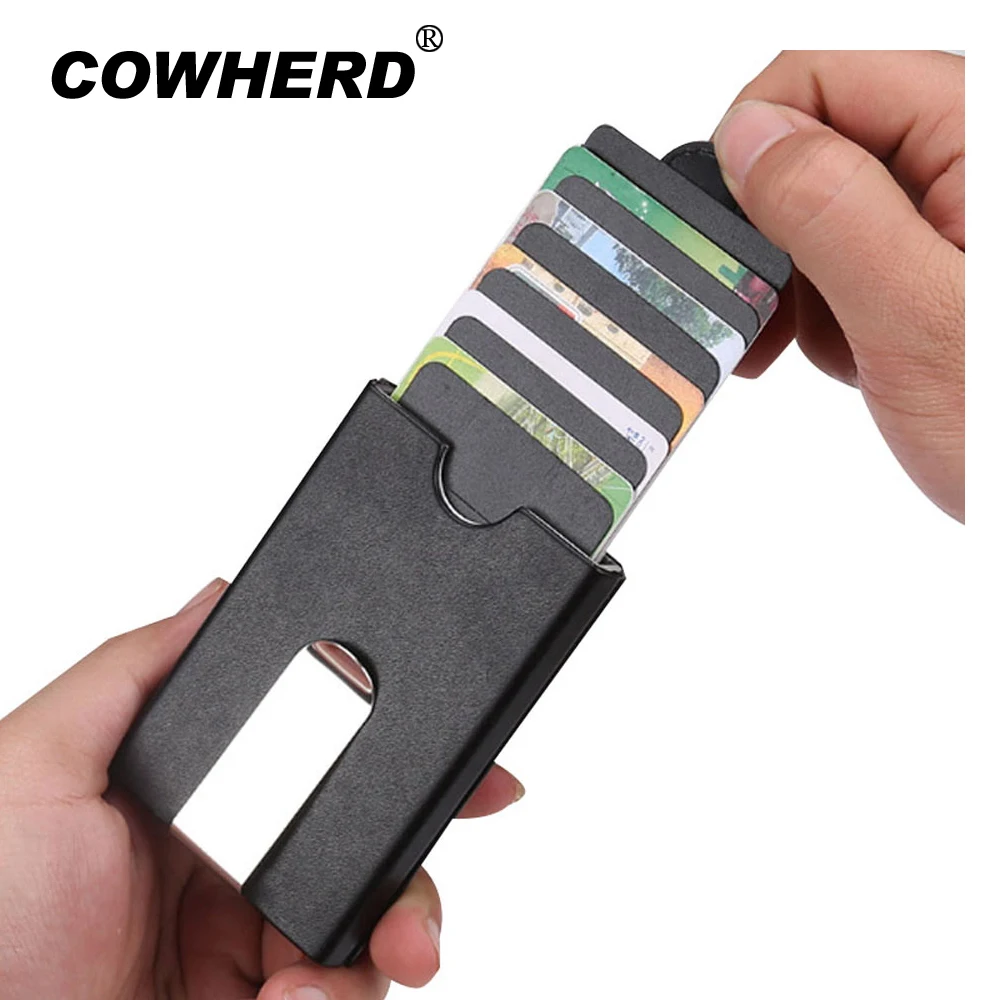 

RFID Blocking PU Wallet Automatic Belt Men Credit Card Case Business Card Holder for Plastic Cards Aluminum Metal Purse