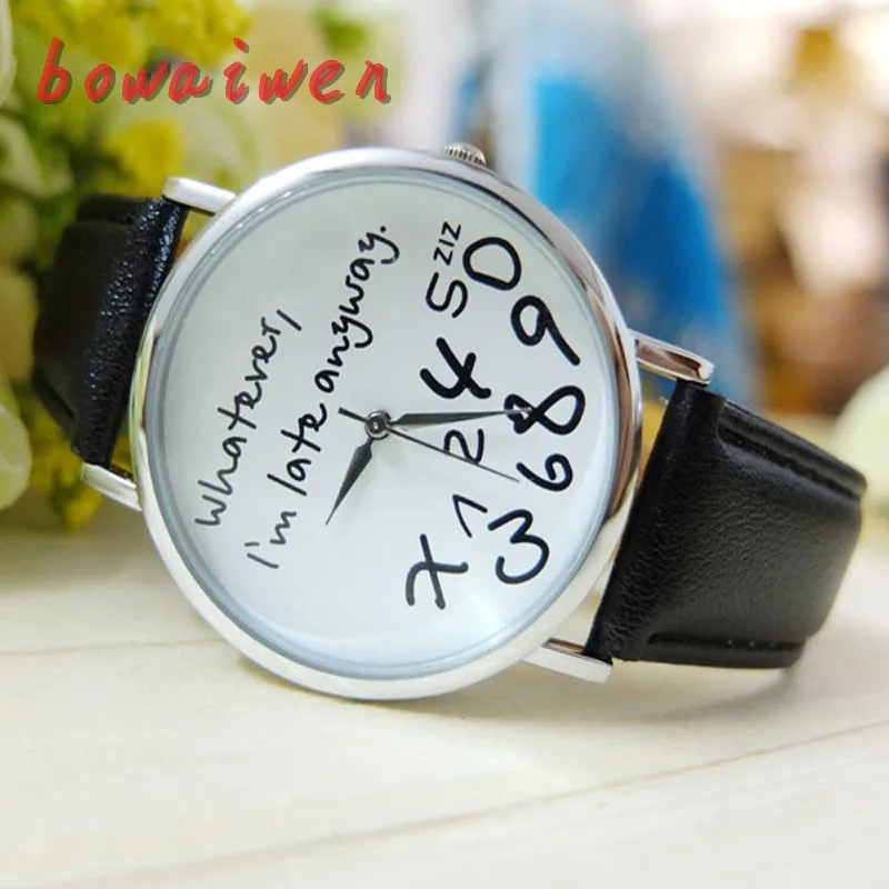 bowaiwen Letter Pattern Leather Men watch Women Watches Fresh New Style Whatever I am Late Anyway  Lady Wristwatch