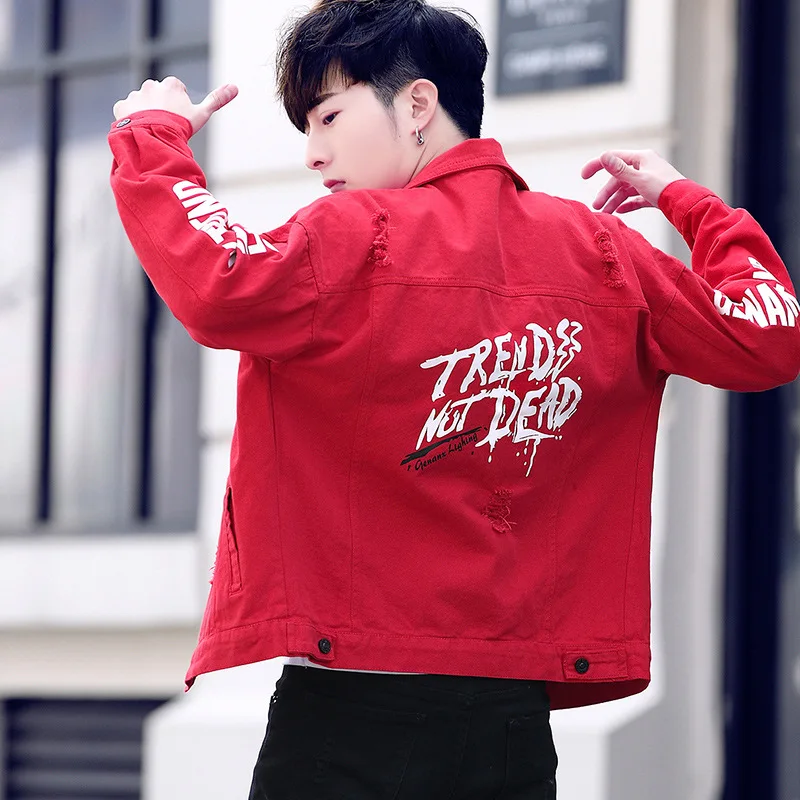 

Wholesale 2019 Spring Autumn Denim jacket male hip hop bf Korean jacket Harajuku red/black Letter Printed Ripped Hole coat male